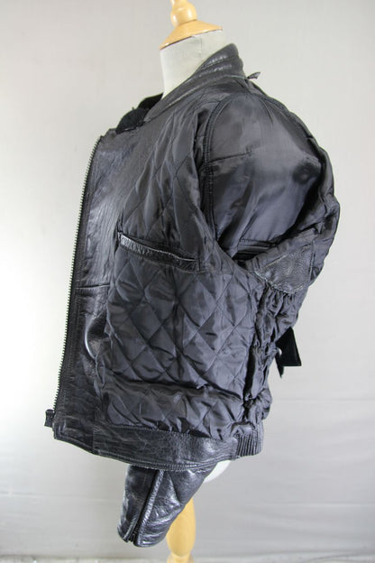 FRANK THOMAS CLASSIC BLACK LEATHER BIKER JACKET WITH BACK PROTECTOR: SIZE 14