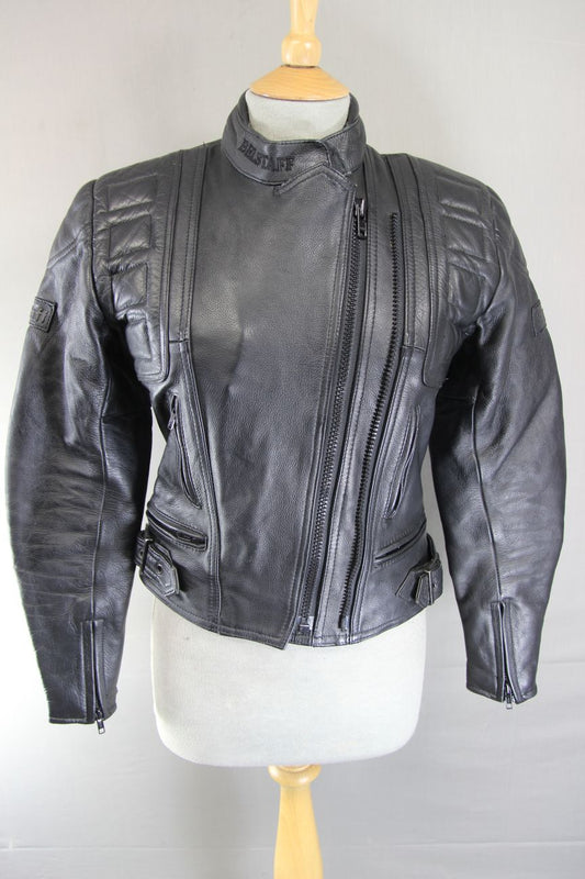 CLASSIC BELSTAFF BLACK LEATHER BIKER JACKET: SIZE 10/32 INCHES