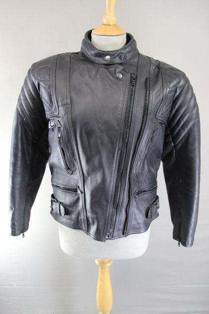 AKITO BLACK LEATHER BIKER JACKET WITH CE ARMOUR: SIZE 12 34-36 INCH CHEST