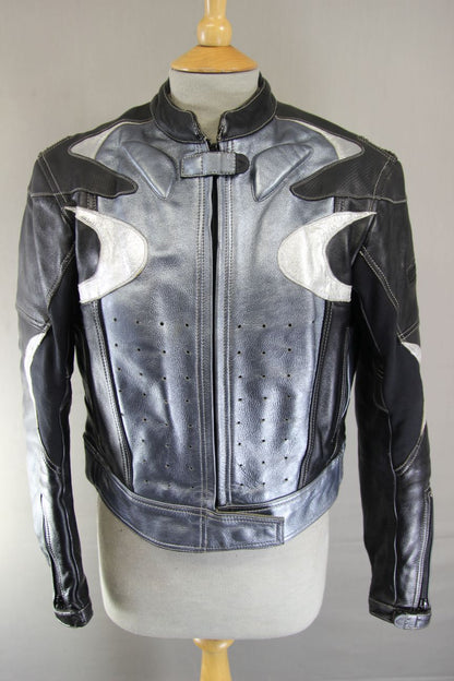 FRANK THOMAS SILVER & BLACK LEATHER BIKER JACKET WITH CE ARMOUR SIZE 12/34-36 IN