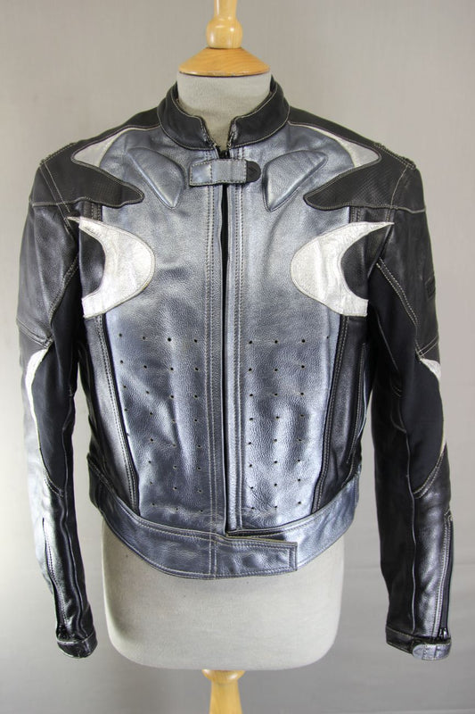 FRANK THOMAS SILVER & BLACK LEATHER BIKER JACKET WITH CE ARMOUR SIZE 12/34-36 IN