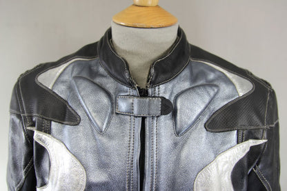 FRANK THOMAS SILVER & BLACK LEATHER BIKER JACKET WITH CE ARMOUR SIZE 12/34-36 IN