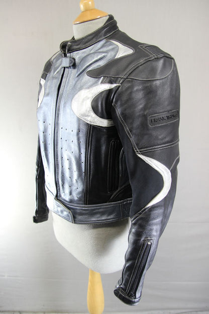FRANK THOMAS SILVER & BLACK LEATHER BIKER JACKET WITH CE ARMOUR SIZE 12/34-36 IN