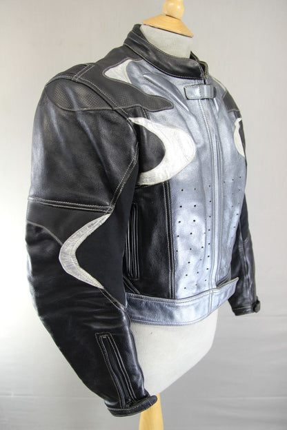 FRANK THOMAS SILVER & BLACK LEATHER BIKER JACKET WITH CE ARMOUR SIZE 12/34-36 IN