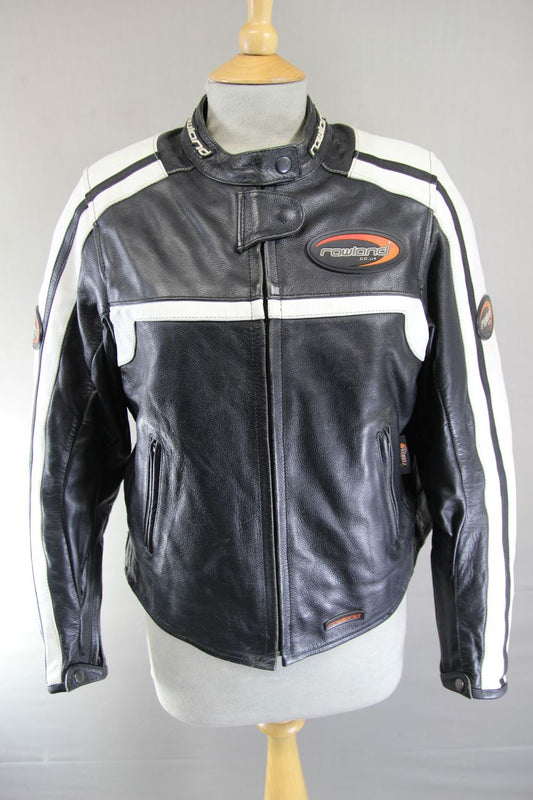 RAWLAND BLACK & WHITE LEATHER BIKER JACKET + CE ARMOUR/THERMAL LINING: SIZE 6/XS