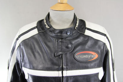 RAWLAND BLACK & WHITE LEATHER BIKER JACKET + CE ARMOUR/THERMAL LINING: SIZE 6/XS
