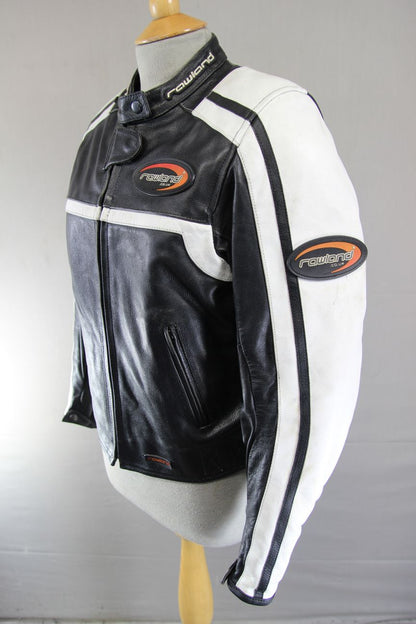 RAWLAND BLACK & WHITE LEATHER BIKER JACKET + CE ARMOUR/THERMAL LINING: SIZE 6/XS