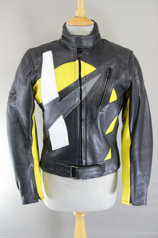 AKITO APOLLO PLUS BLACK, YELLOW, SILVER & WHITE LEATHER BIKER JACKET: SIZE 12
