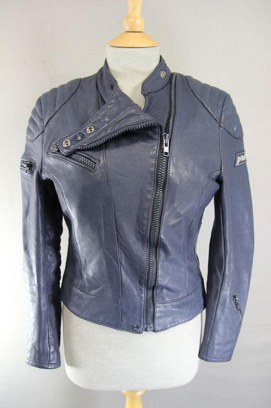 VINTAGE 1970's LADIES POLO BLUE LEATHER CLASSIC BIKER JACKET 34 INCH CHEST