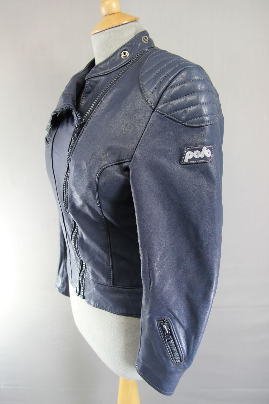 VINTAGE 1970's LADIES POLO BLUE LEATHER CLASSIC BIKER JACKET 34 INCH CHEST