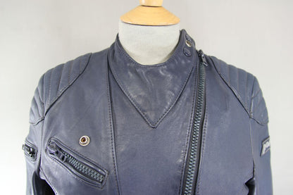 VINTAGE 1970's LADIES POLO BLUE LEATHER CLASSIC BIKER JACKET 34 INCH CHEST