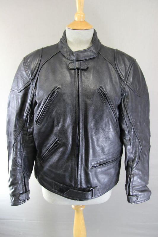 CLASSIC RIDER BLACK LEATHER BIKER JACKET WITH REMOVABLE BACK PROTECTOR: SIZE 16