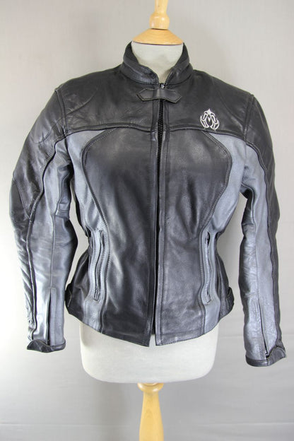 FIGO BLACK & SILVER LEATHER BIKER JACKET WITH ARMOUR & THERMAL LINING: SIZE 10