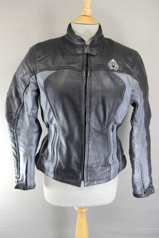 FIGO BLACK & SILVER LEATHER BIKER JACKET WITH ARMOUR & THERMAL LINING: SIZE 10