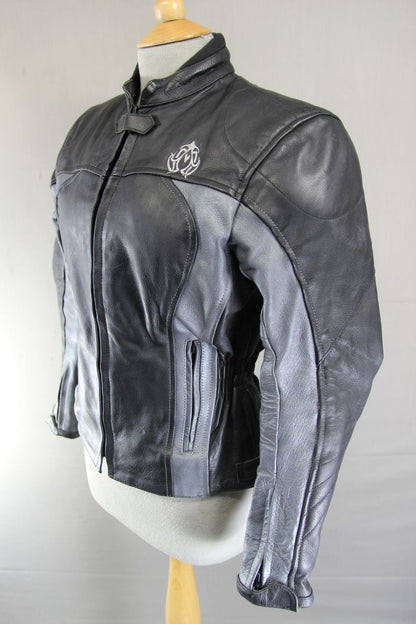 FIGO BLACK & SILVER LEATHER BIKER JACKET WITH ARMOUR & THERMAL LINING: SIZE 10