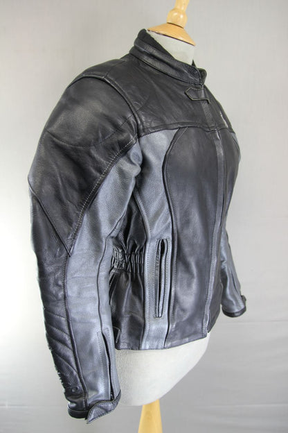 FIGO BLACK & SILVER LEATHER BIKER JACKET WITH ARMOUR & THERMAL LINING: SIZE 10