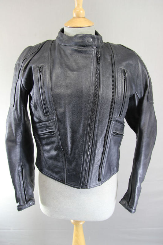 FRANK THOMAS BLACK LEATHER BIKER JACKET WITH CE ARMOUR & THERMAL LINING: SIZE 12