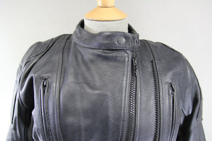 FRANK THOMAS BLACK LEATHER BIKER JACKET WITH CE ARMOUR & THERMAL LINING: SIZE 12