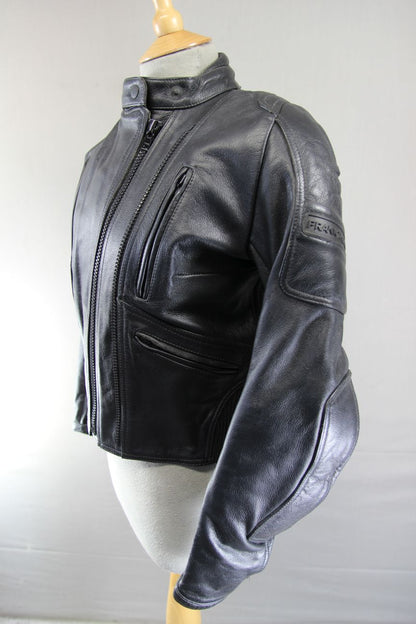 FRANK THOMAS BLACK LEATHER BIKER JACKET WITH CE ARMOUR & THERMAL LINING: SIZE 12