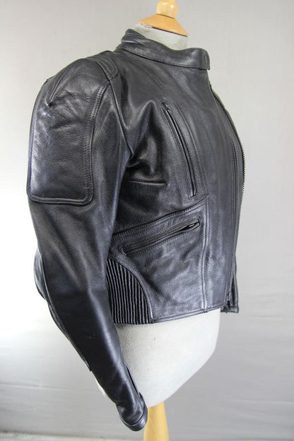 FRANK THOMAS BLACK LEATHER BIKER JACKET WITH CE ARMOUR & THERMAL LINING: SIZE 12