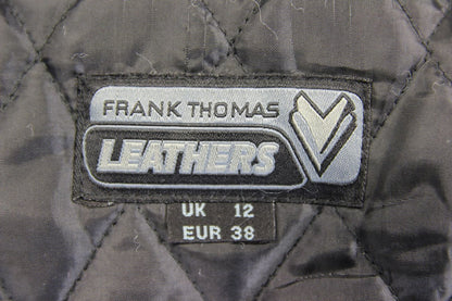 FRANK THOMAS BLACK LEATHER BIKER JACKET WITH CE ARMOUR & THERMAL LINING: SIZE 12