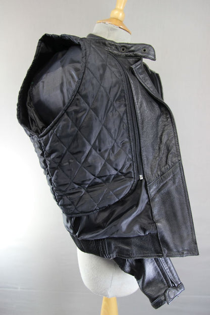 FRANK THOMAS BLACK LEATHER BIKER JACKET WITH CE ARMOUR & THERMAL LINING: SIZE 12