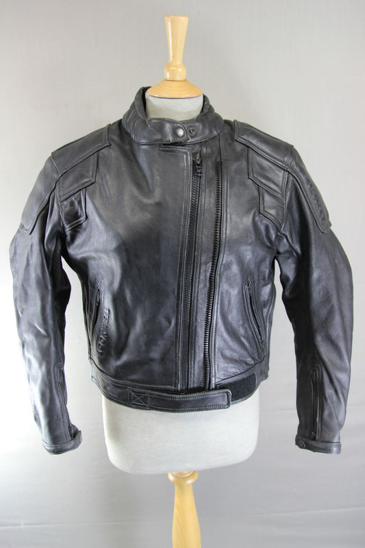 LOOKWELL SPIRIT CLASSIC BLACK LEATHER BIKER JACKET WITH BACK PROTECTOR: SIZE 12