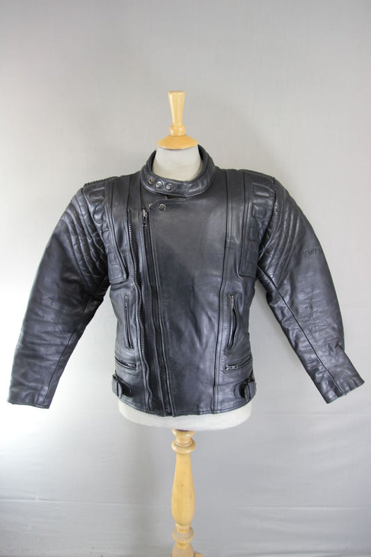 CLASSIC EURO STYLE BLACK LEATHER BIKER JACKET WITH BACK PROTECTOR 38-40 INCH/MED