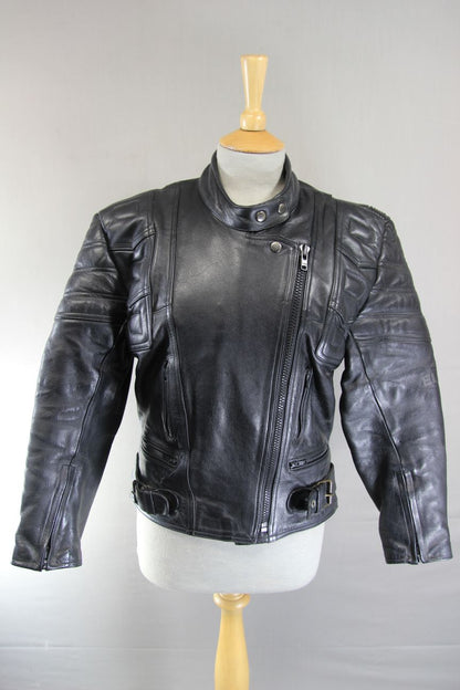 EURO STYLE CLASSIC BLACK LEATHER BIKER JACKET: SIZE 14