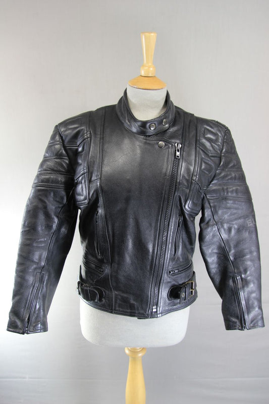 EURO STYLE CLASSIC BLACK LEATHER BIKER JACKET: SIZE 14