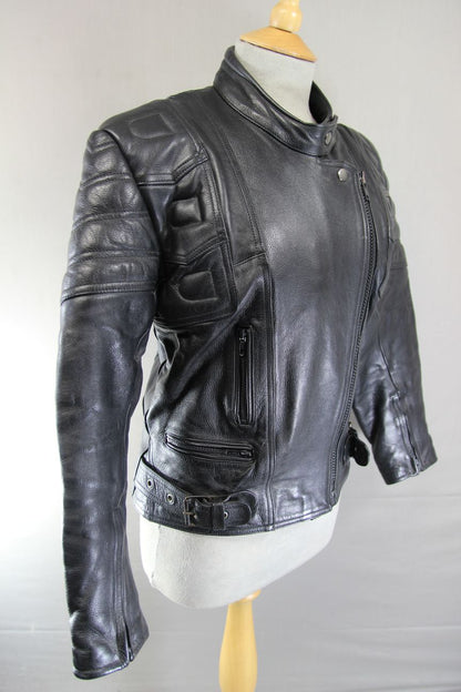 EURO STYLE CLASSIC BLACK LEATHER BIKER JACKET: SIZE 14