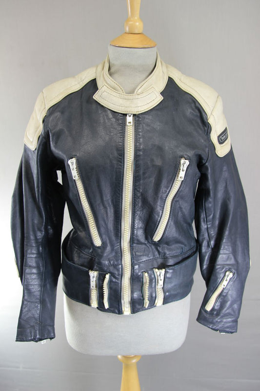VINTAGE HEIN GERICKE DARK BLUE & CREAM LEATHER BIKER JACKET 34 IN CHEST/X SMALL