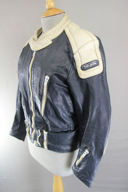 VINTAGE HEIN GERICKE DARK BLUE & CREAM LEATHER BIKER JACKET 34 IN CHEST/X SMALL