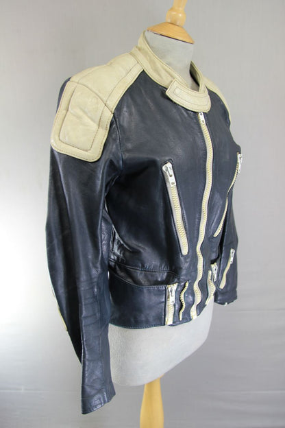 VINTAGE HEIN GERICKE DARK BLUE & CREAM LEATHER BIKER JACKET 34 IN CHEST/X SMALL