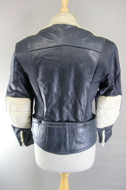 VINTAGE HEIN GERICKE DARK BLUE & CREAM LEATHER BIKER JACKET 34 IN CHEST/X SMALL