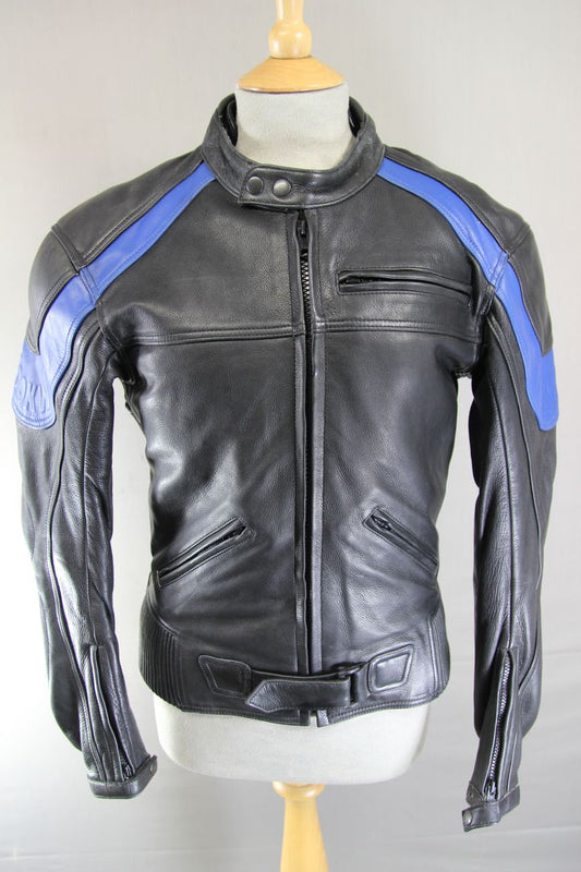LOOKWELL BLACK & BLUE LEATHER BIKER JACKET WITH CE ARMOUR/THERMAL LINING 36-38IN