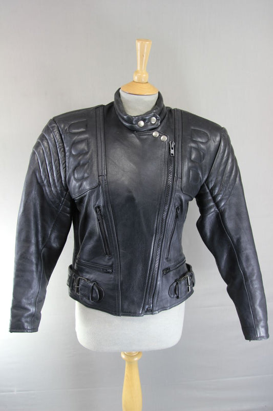 CLASSIC J&S LEATHERS BLACK BIKER JACKET: SIZE 14/36 INCH CHEST