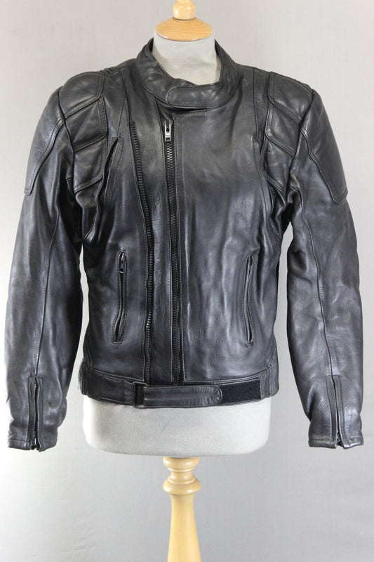 ASHY CLASSIC BLACK LEATHER VENTILATED BIKER JACKET WITH PROTECTORS 36-38 INCH