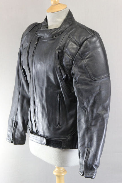 ASHY CLASSIC BLACK LEATHER VENTILATED BIKER JACKET WITH PROTECTORS 36-38 INCH