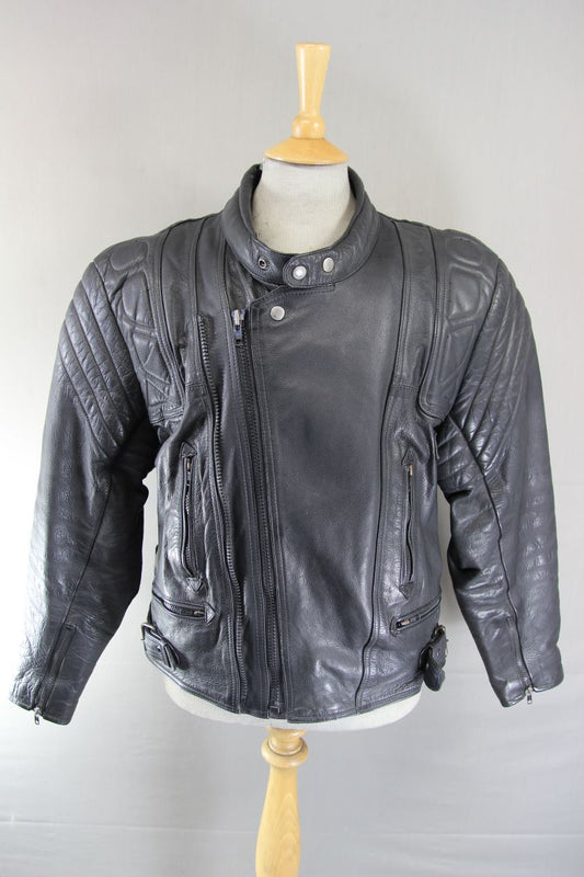 AKITO CLASSIC BLACK LEATHER BIKER JACKET WITH BACK PROTECTOR 42-44 INCH CHEST