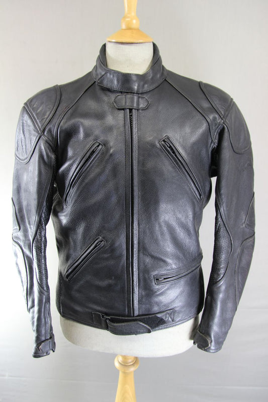 CLASSIC RIDER BLACK LEATHER BIKER JACKET WITH REMOVABLE BACK PROTECTOR 40 INCH