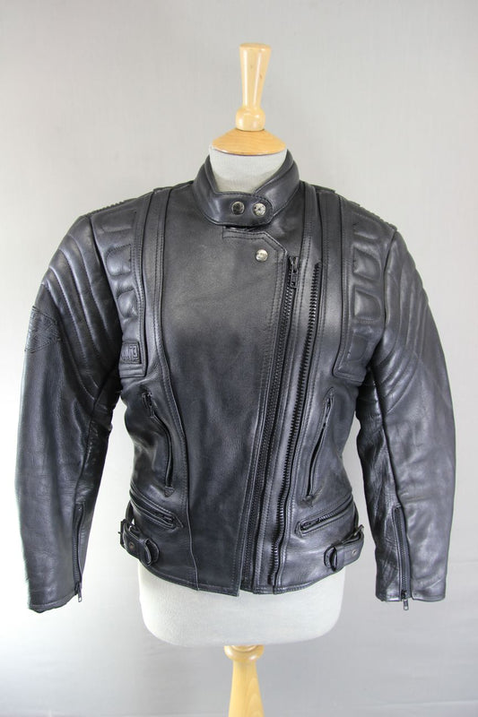 AKITO MERCURY PLUS BLACK LEATHER BIKER JACKET WITH BACK PROTECTOR: SIZE 10