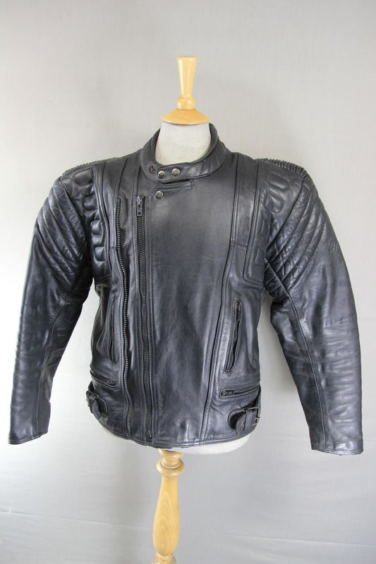 CLASSIC EURO STYLE BLACK LEATHER BIKER JACKET WITH BACK PROTECTOR 42-44 IN/LARGE