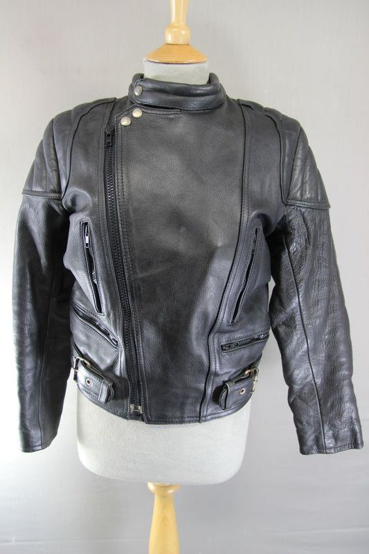 CLASSIC GOODLUCK BLACK LEATHER BIKER JACKET 34 INCH/EXTRA SMALL