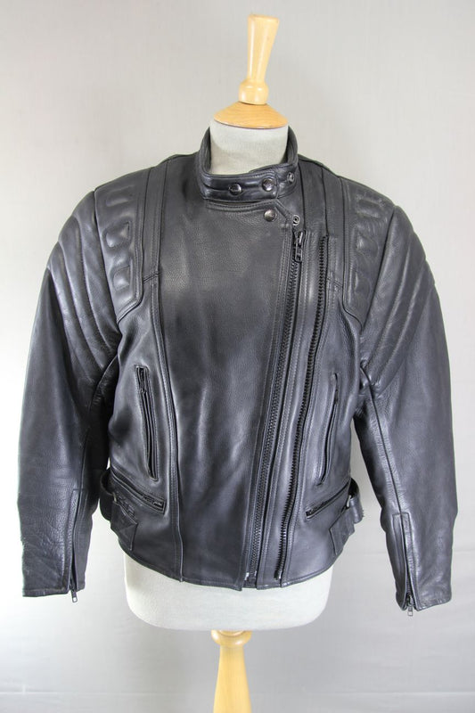 RICHA CLASSIC BLACK LEATHER LADIES BIKER JACKET: SIZE 12