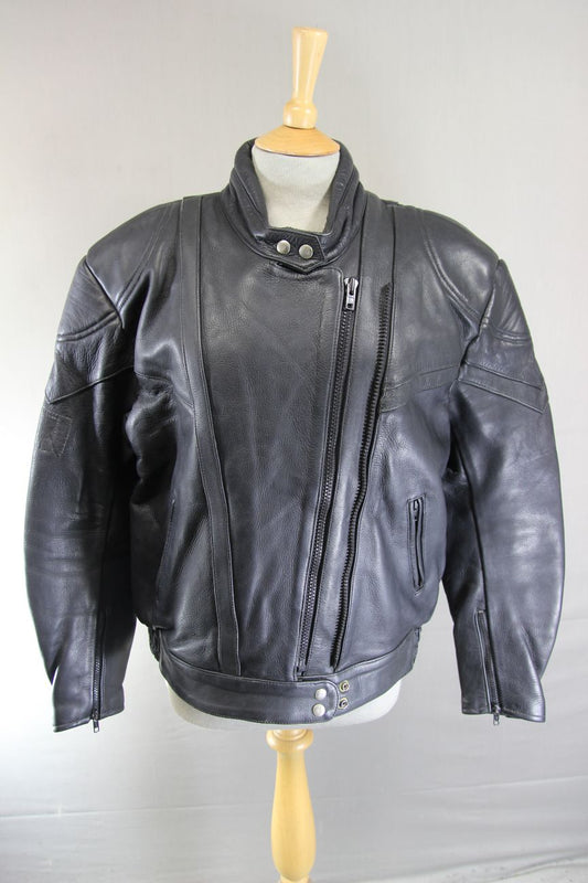 AKITO RAPIDE BLACK LEATHER BIKER JACKET + BACK PROTECTOR/THERMAL LINING: SIZE 14