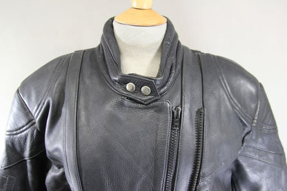 AKITO RAPIDE BLACK LEATHER BIKER JACKET + BACK PROTECTOR/THERMAL LINING: SIZE 14