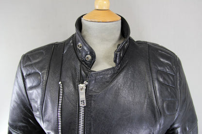 VINTAGE BLACK COWHIDE LEATHER NICE OF LONDON, PARIS & NEW YORK BIKER JACKET 38IN
