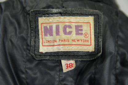 VINTAGE BLACK COWHIDE LEATHER NICE OF LONDON, PARIS & NEW YORK BIKER JACKET 38IN