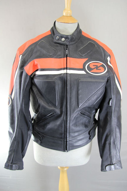 SWIFT INNOVATION BLACK, ORANGE & WHITE LEATHER BIKER JACKET 36 INCH/SMALL